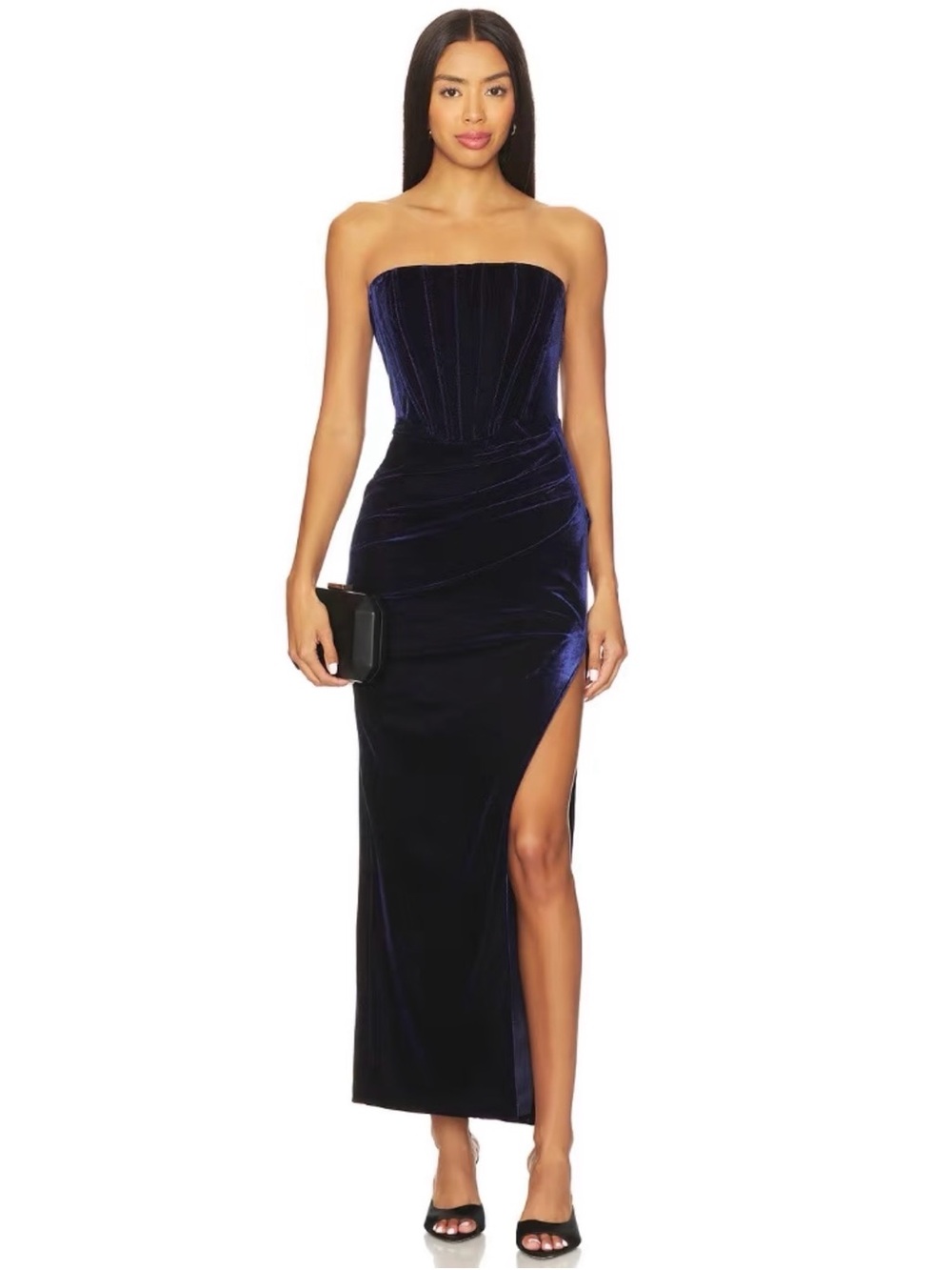 Bardot Strapless Velvet Gown in Deep Navy